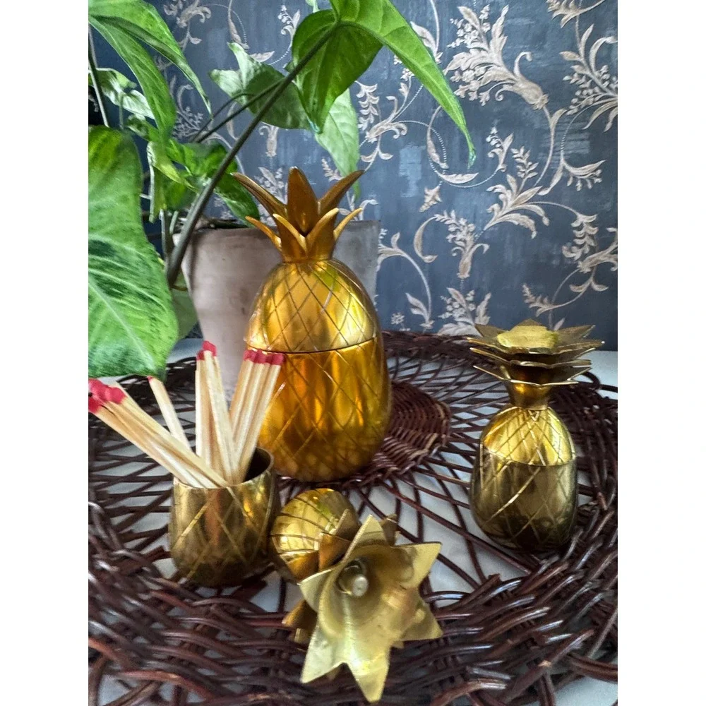 Vintage Brass Pineapple Set 3pc Hollywood Regency/Tiki Gold Barware Decor 7
